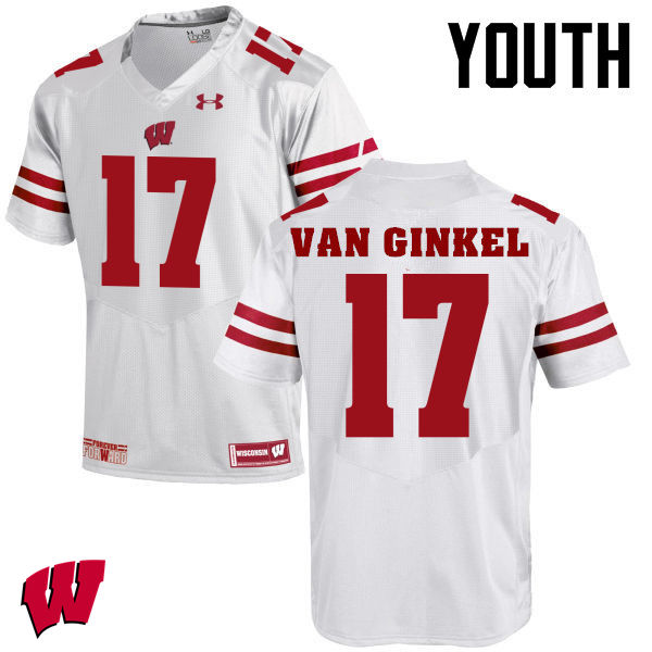 Youth Winsconsin Badgers #17 Andrew Van Ginkel College Football Jerseys-White - Click Image to Close